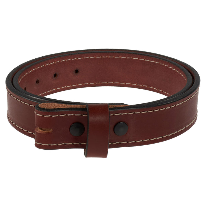 Brown leather belt with visible stitching on a white background