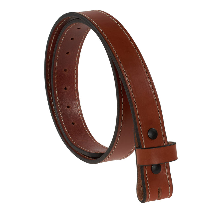 Brown leather belt with black stitching on a white background