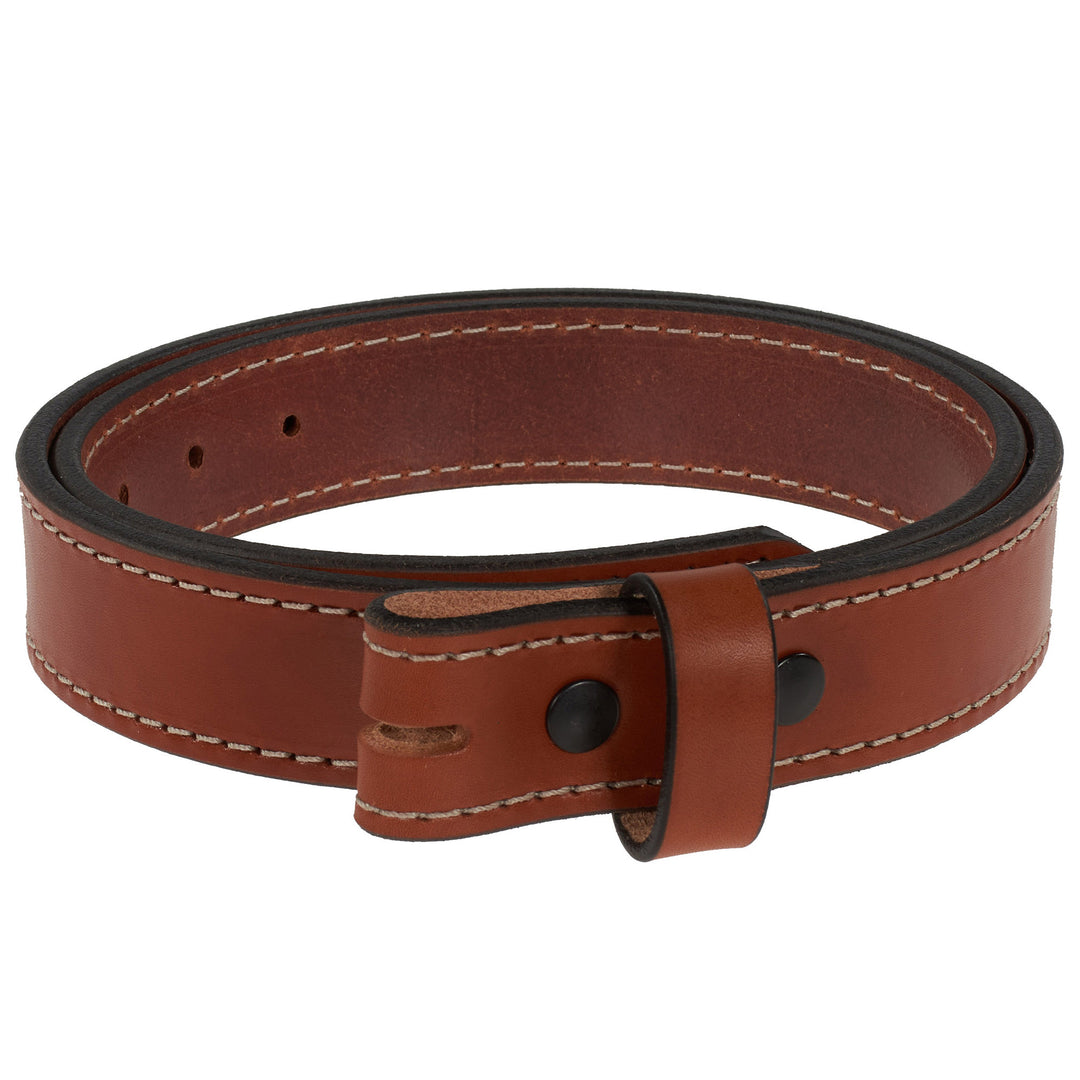 Brown leather belt with black stitching on a white background