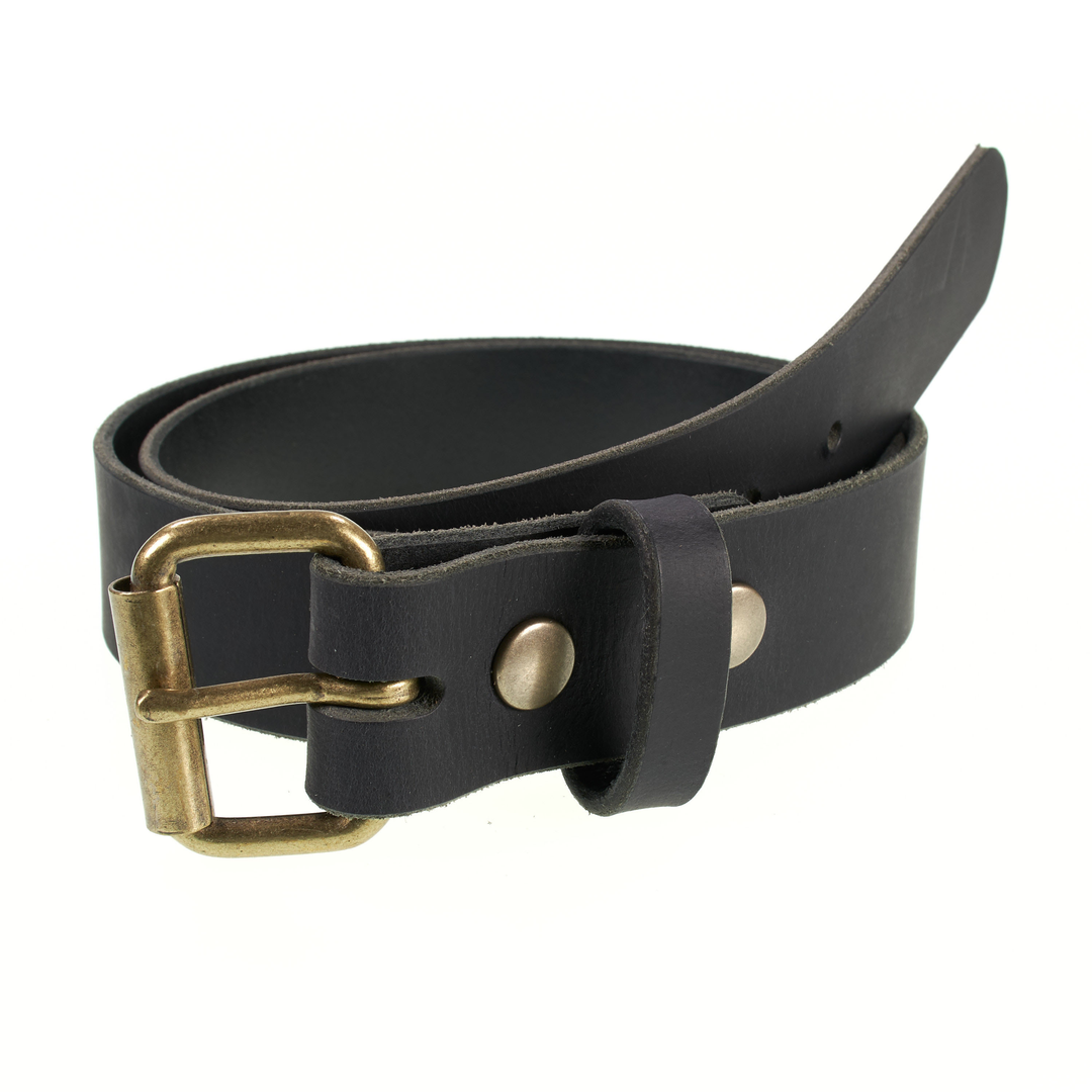 Black leather belt with brass buckle on a white background