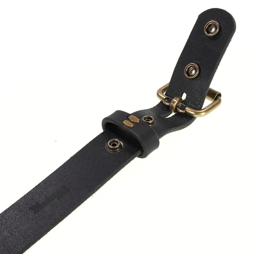 Black leather belt with brass hardware on a white background