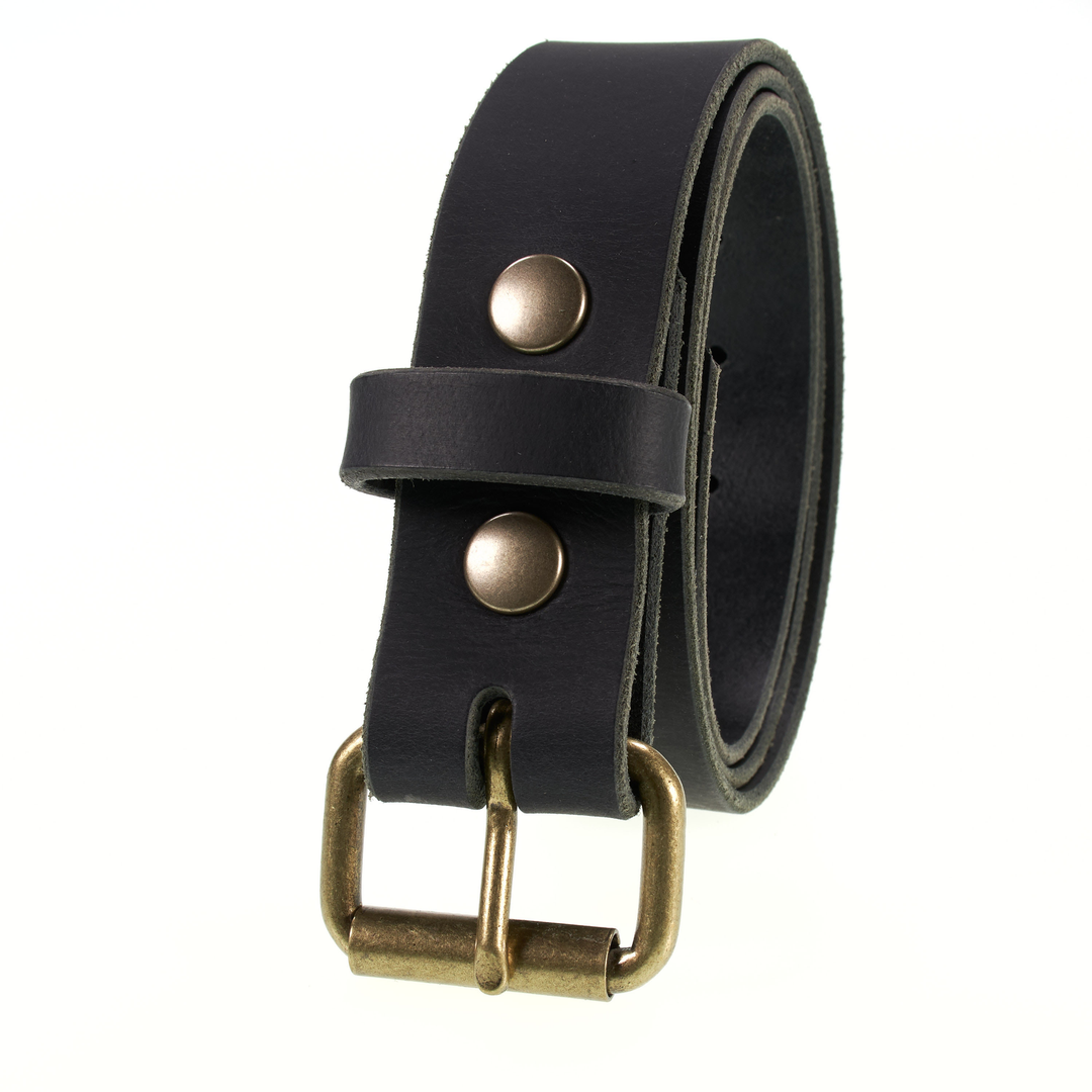 Black leather belt with brass buckle on a white background