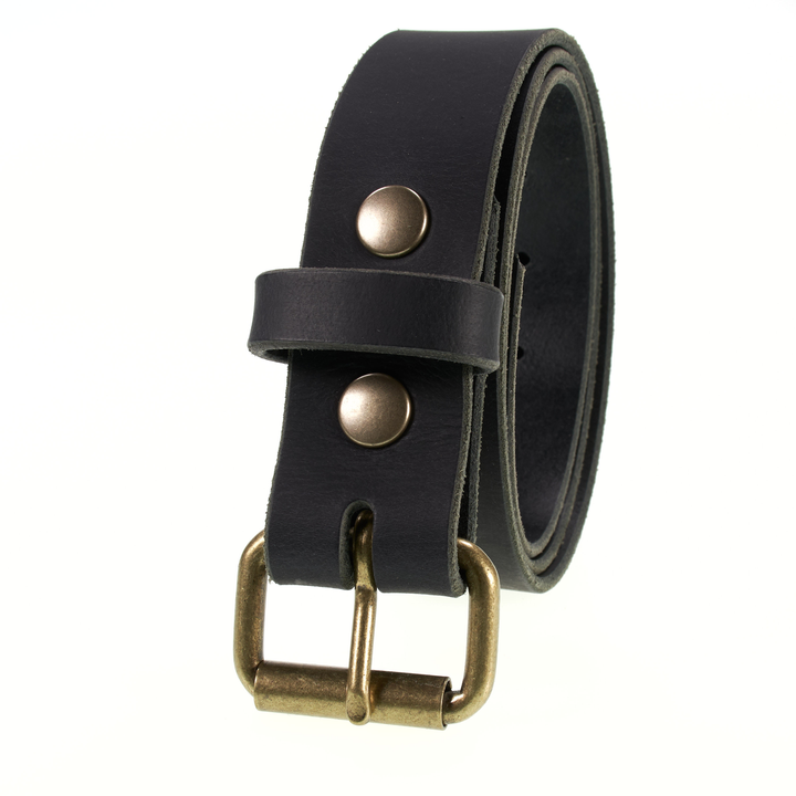 Black leather belt with brass buckle on a white background