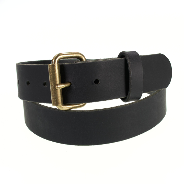 Black leather belt with a brass buckle on a white background