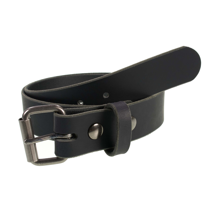 Black leather belt with silver buckle on a white background
