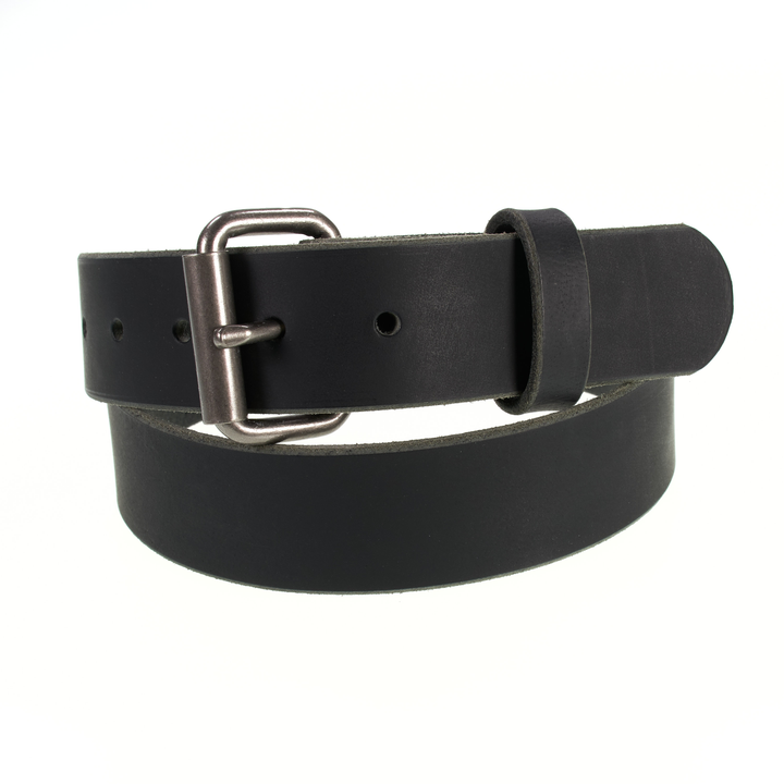 Black leather belt with a silver buckle on a white background