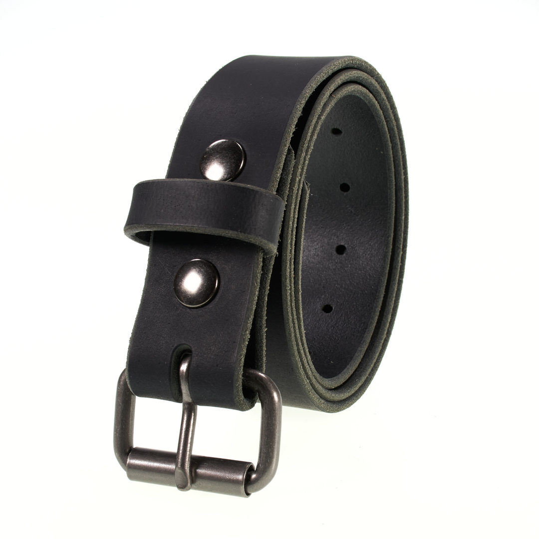 Black leather belt with silver buckle on a white background