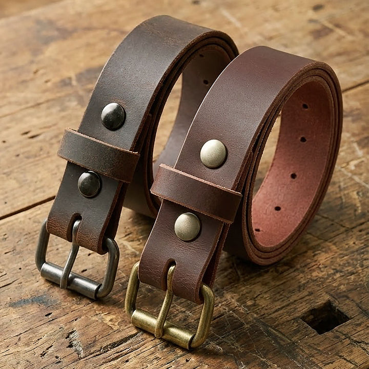 brown and vintage brown leather belts with metal buckles on a wooden surface
