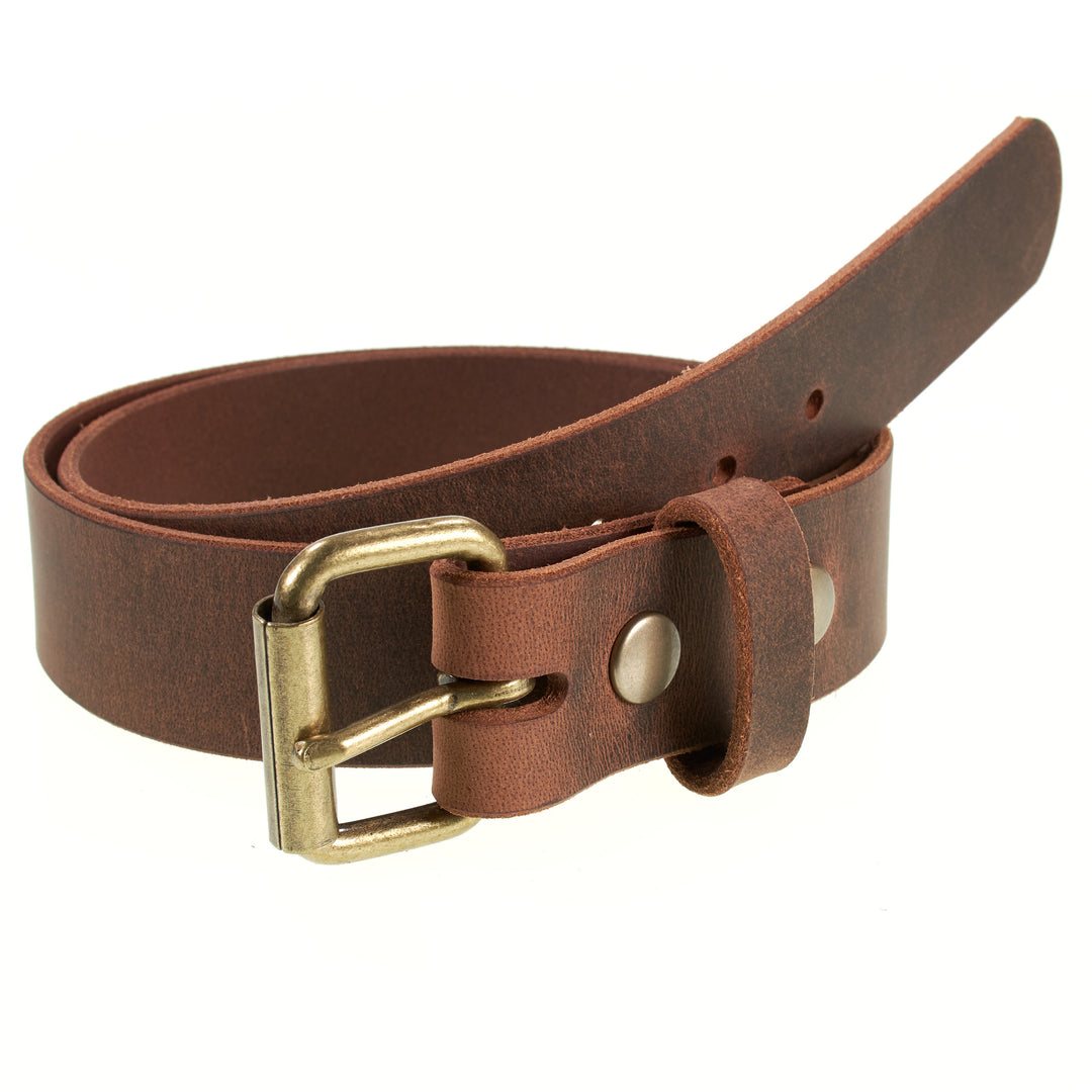 Brown leather belt with brass buckle on a white background