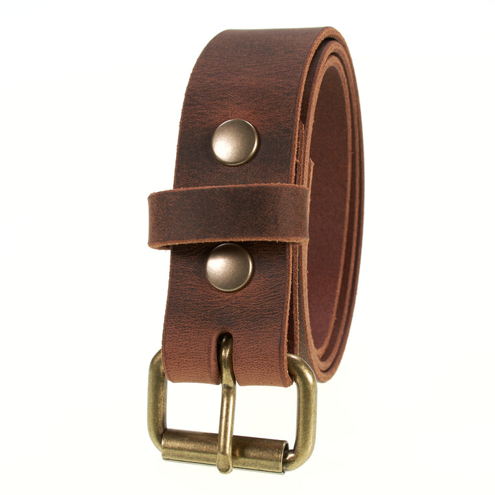 Brown leather belt with brass buckle on a white background