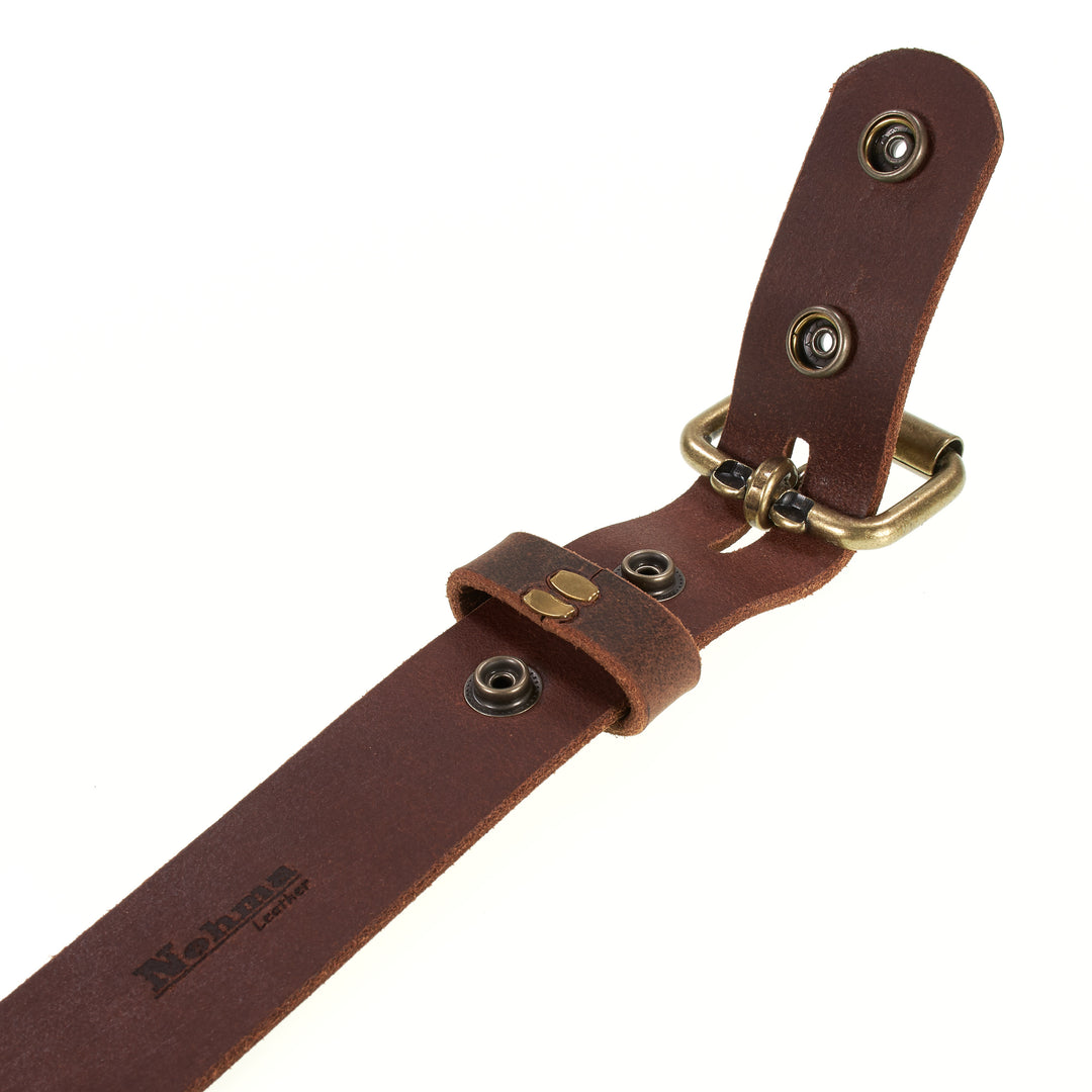 Brown leather belt with brass buckle on a white background