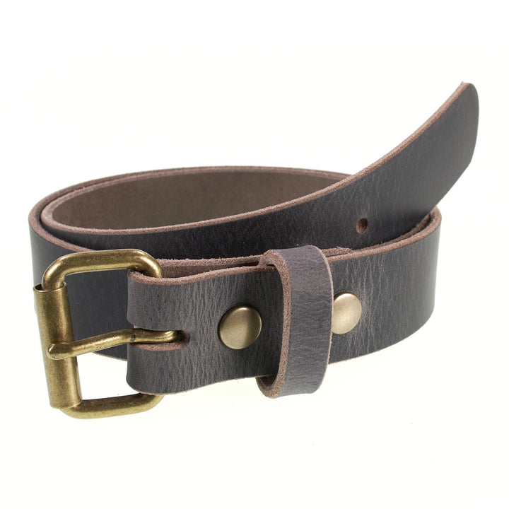 Brown leather belt with brass buckle on a white background