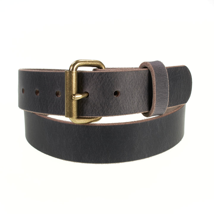 Brown leather belt with brass buckle on a white background