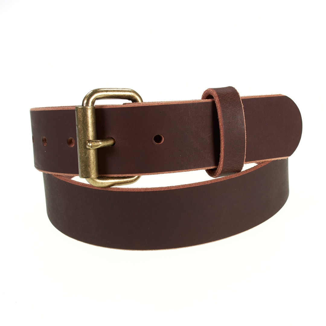 Brown leather belt with brass buckle on a white background