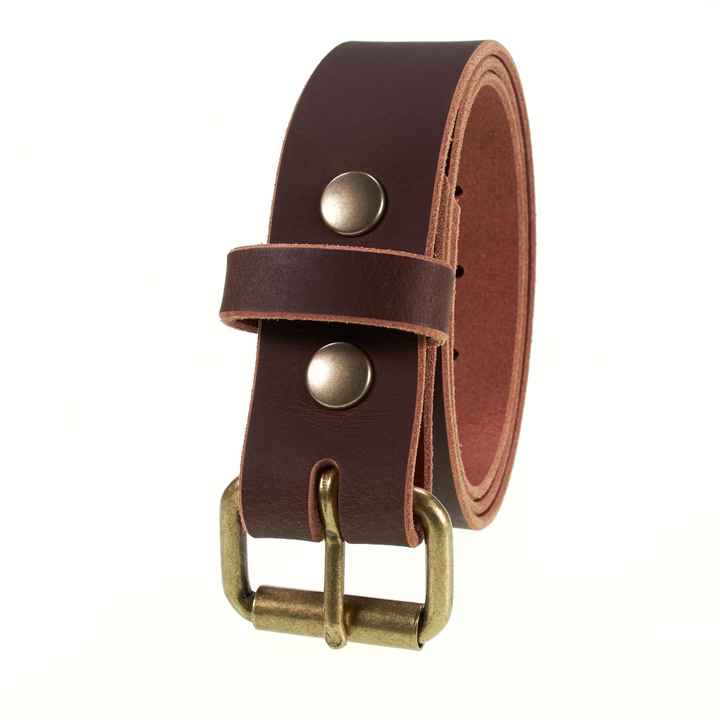 Brown leather belt with brass buckle on a white background