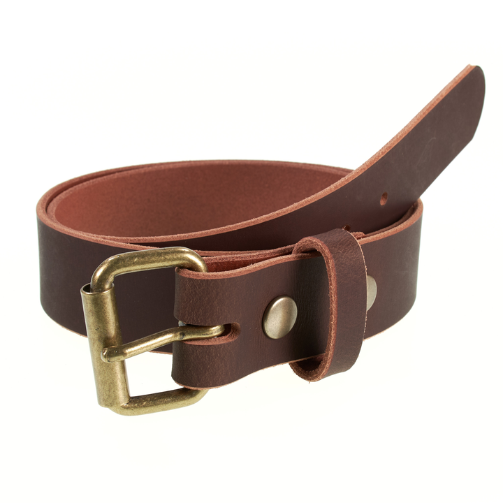 Brown leather belt with brass buckle on a white background