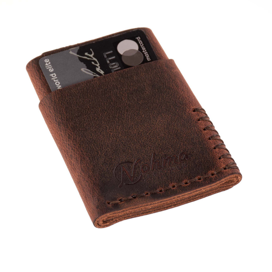 Brown leather wallet with a card on a white background