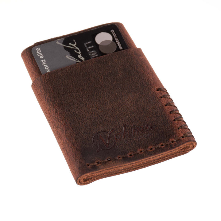Brown leather wallet with a card on a white background