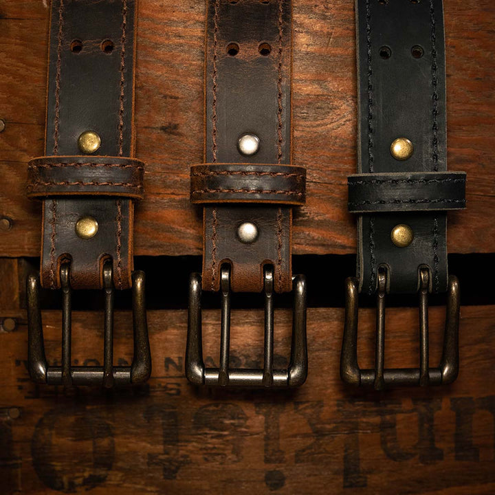 Double Prong Retro Style Leather Belt - 1.5" Nickel Buckle