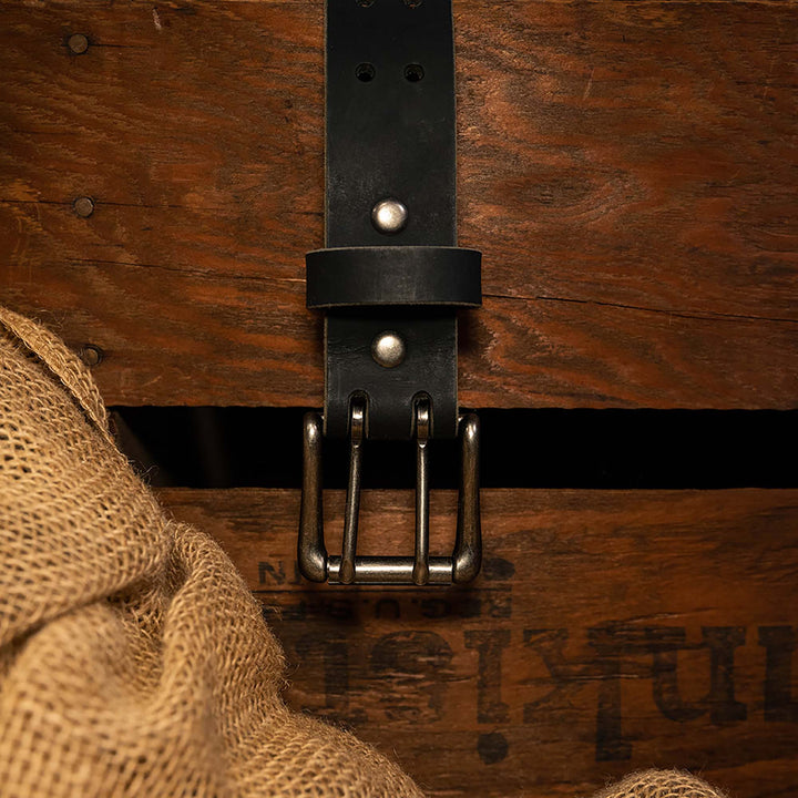 Double Prong Retro Style Leather Belt - 1.5" Matte Nickel Buckle