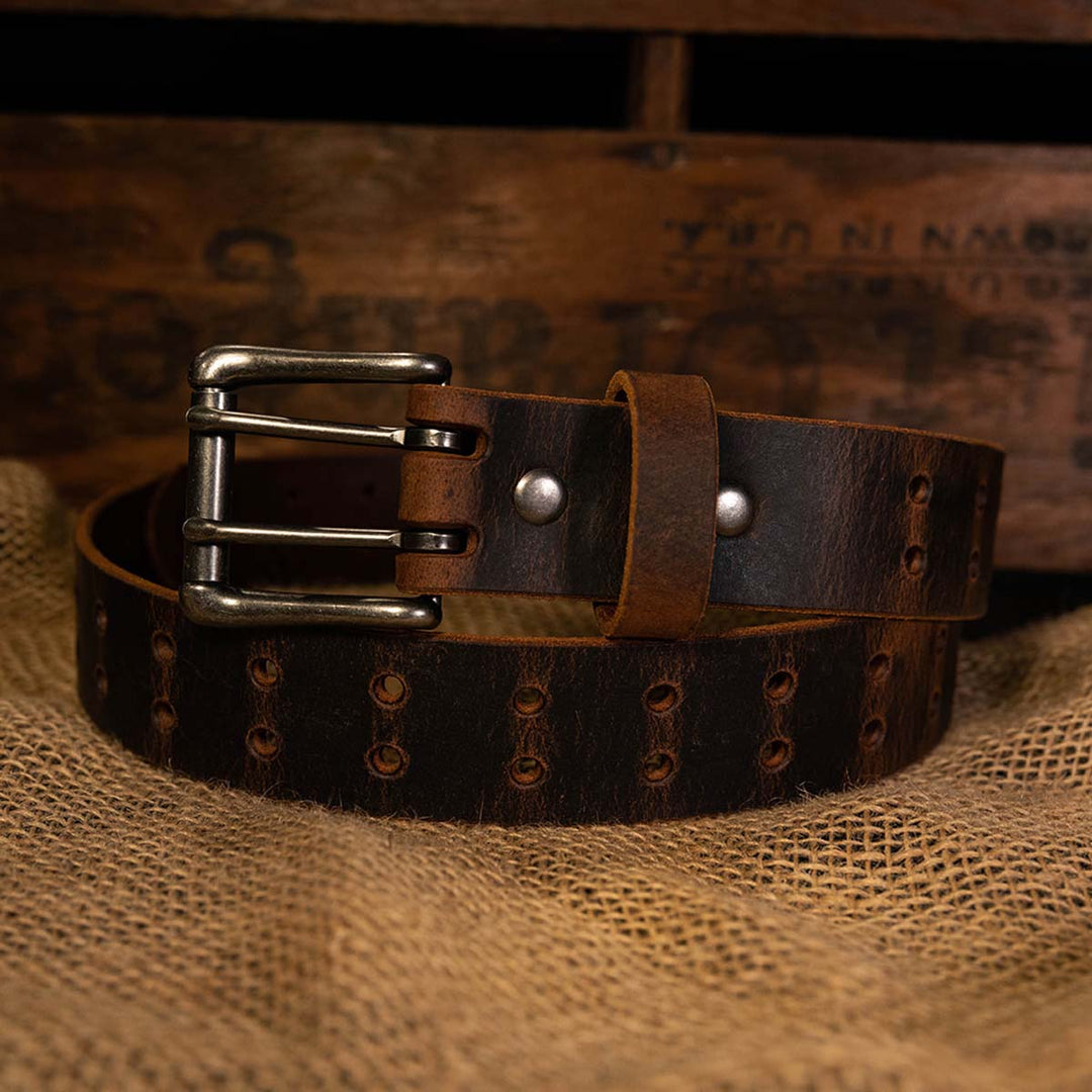 Double Prong Retro Style Leather Belt - 1.5" Matte Nickel Buckle