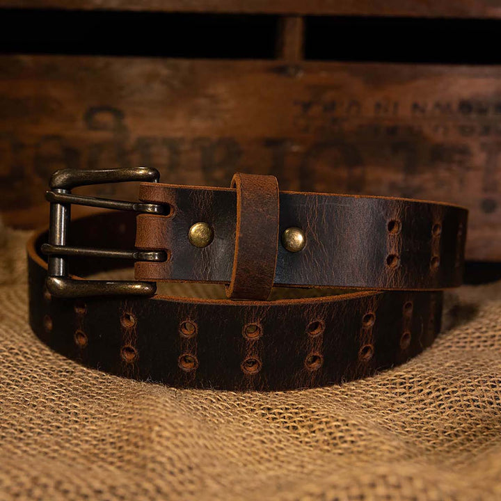 Double Prong Retro Style Leather Belt - 1.5" Antique Copper Buckle