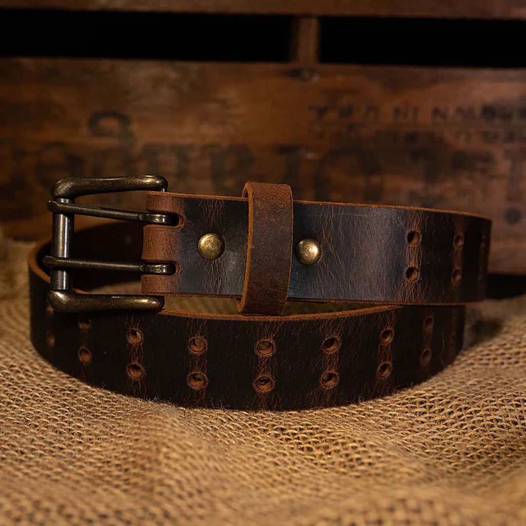 Double Prong Retro Style Leather Belt - 1.5" Antique Brass Buckle