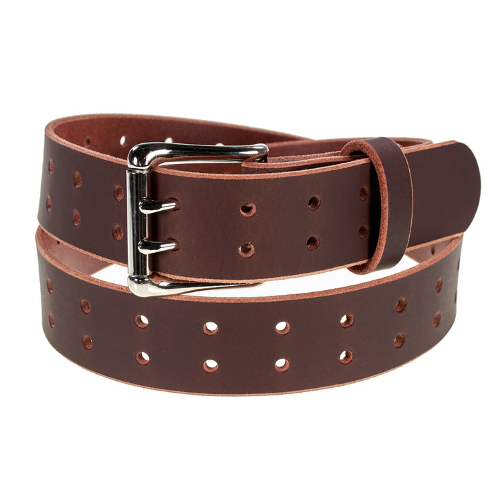 Double Prong Retro Style Leather Belt - 1.5" Nickel Buckle