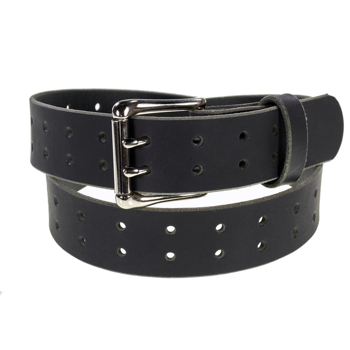Double Prong Retro Style Leather Belt - 1.5" Nickel Buckle
