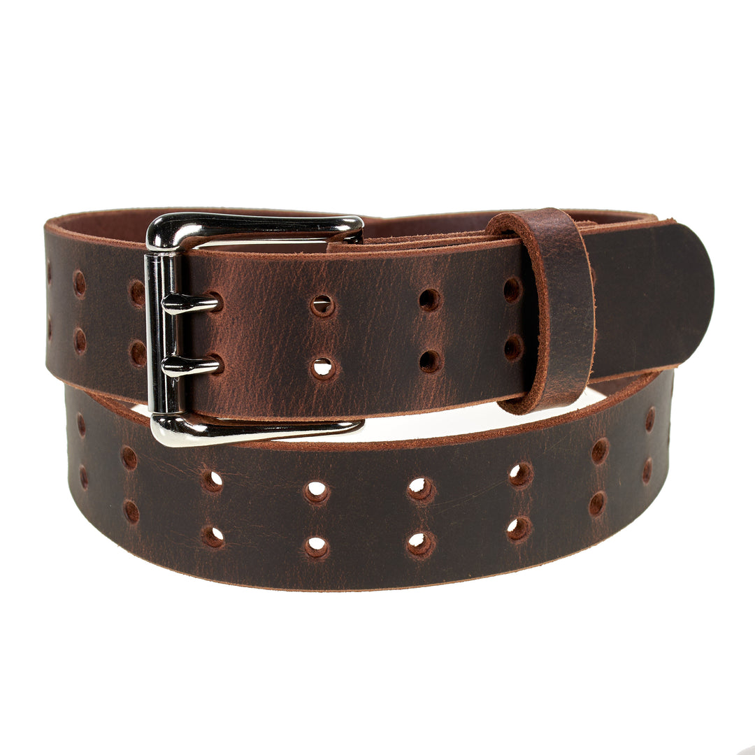 Double Prong Retro Style Leather Belt - 1.5" Nickel Buckle