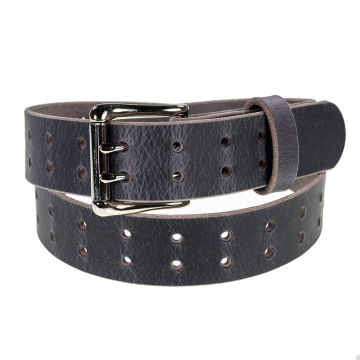 Double Prong Retro Style Leather Belt - 1.5" Nickel Buckle