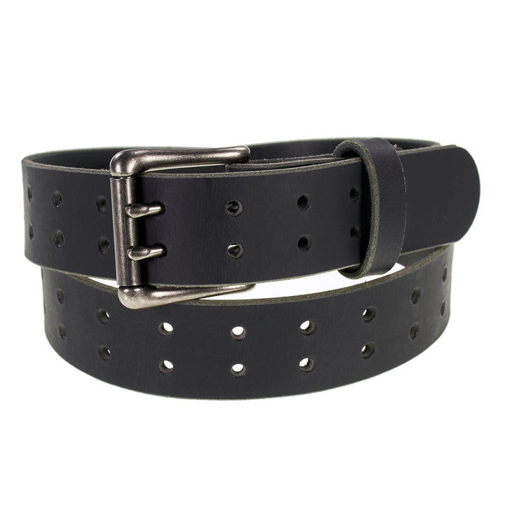 Double Prong Retro Style Leather Belt - 1.5" Matte Nickel Buckle