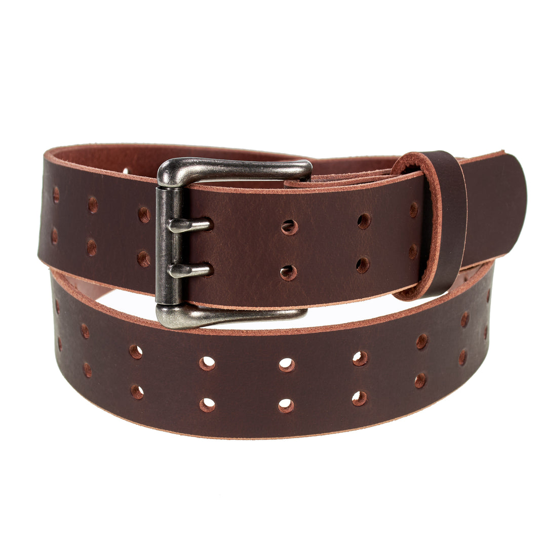 Double Prong Retro Style Leather Belt - 1.5" Matte Nickel Buckle