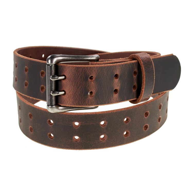 Double Prong Retro Style Leather Belt - 1.5" Matte Nickel Buckle