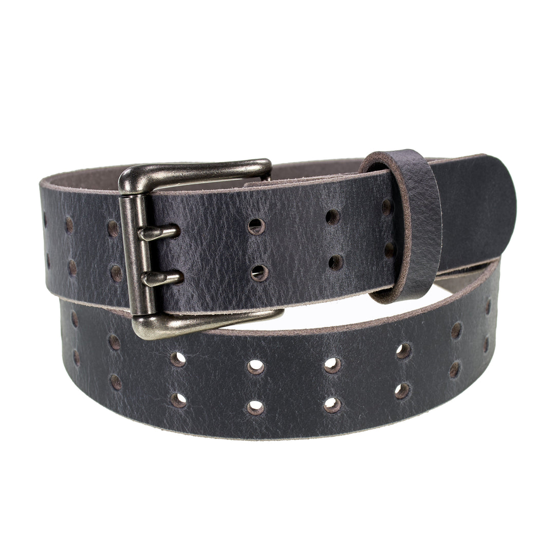 Double Prong Retro Style Leather Belt - 1.5" Matte Nickel Buckle