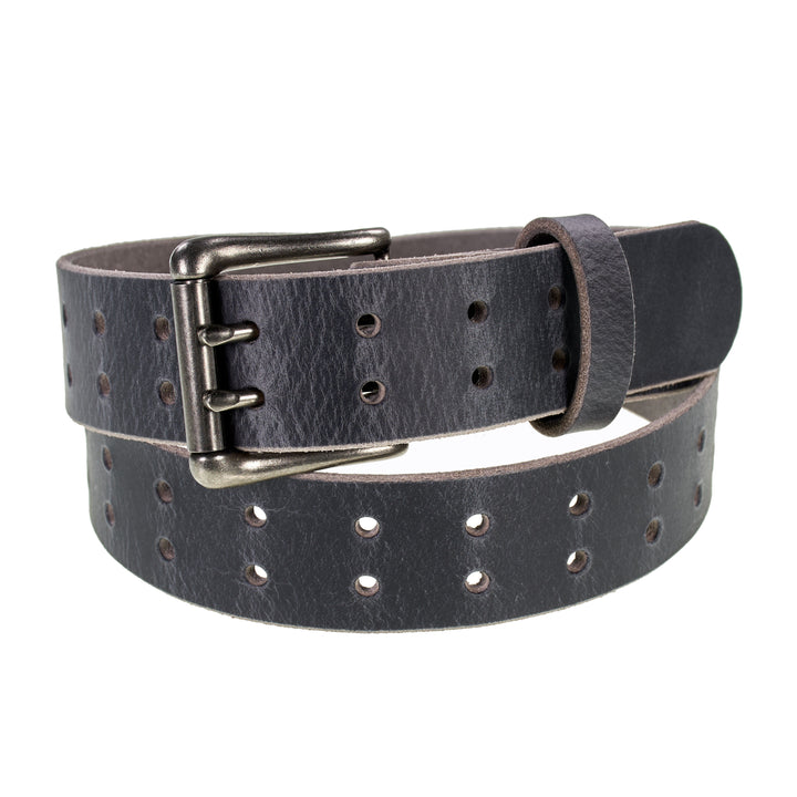 Double Prong Retro Style Leather Belt - 1.5" Matte Nickel Buckle