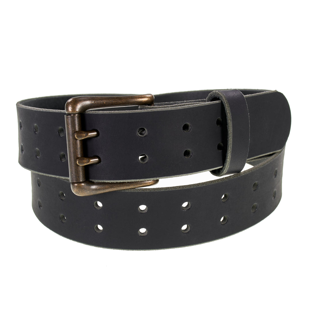 Double Prong Retro Style Leather Belt - 1.5" Antique Brass Buckle