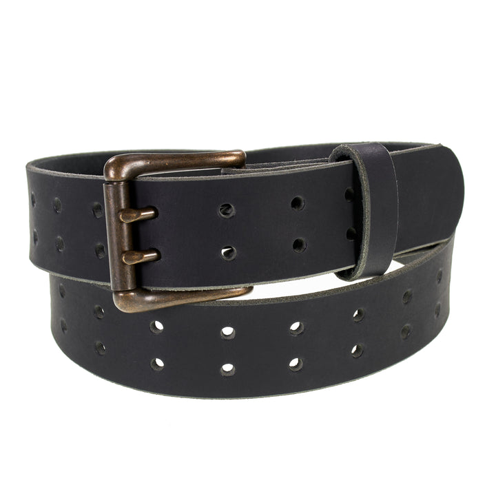 Double Prong Retro Style Leather Belt - 1.5" Antique Brass Buckle