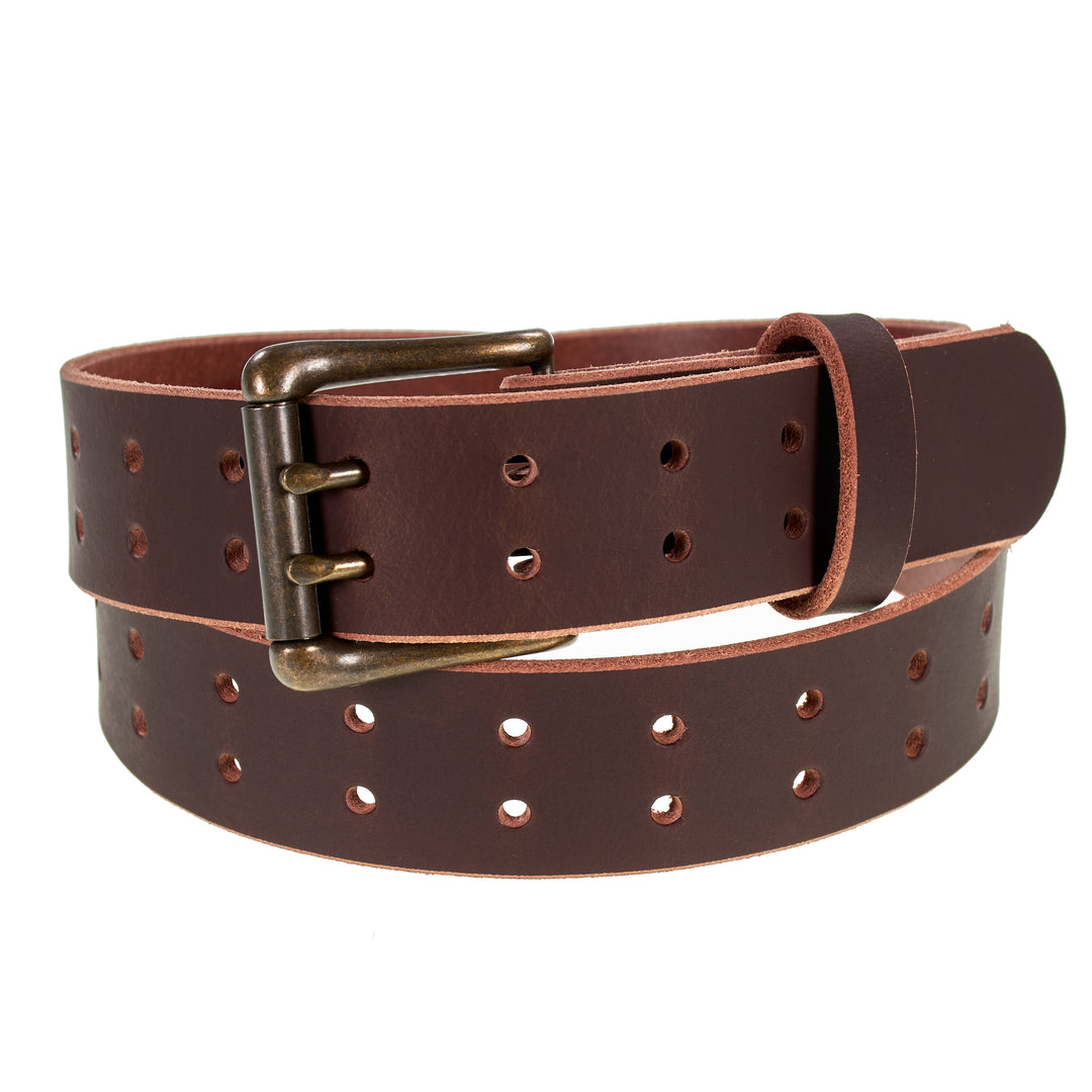Double Prong Retro Style Leather Belt - 1.5" Antique Brass Buckle