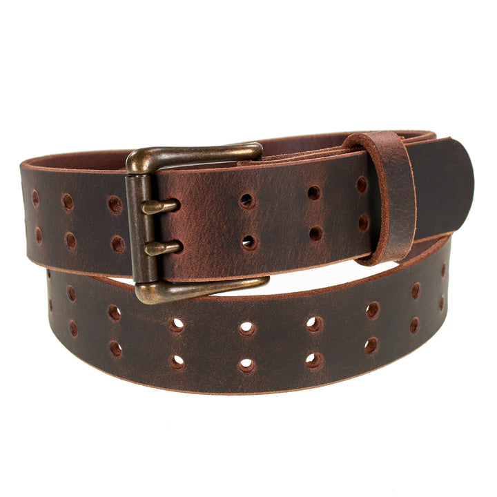Double Prong Retro Style Leather Belt - 1.5" Antique Brass Buckle