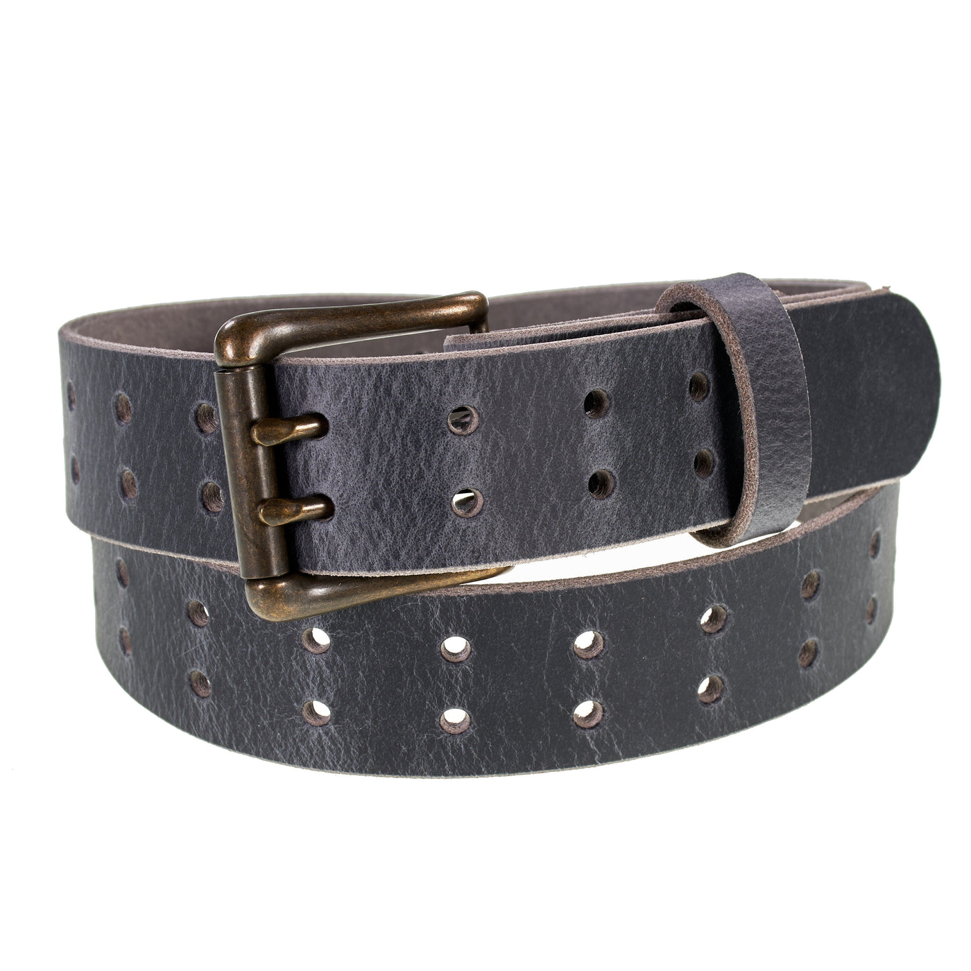 Double Prong Retro Style Leather Belt - 1.5" Antique Brass Buckle
