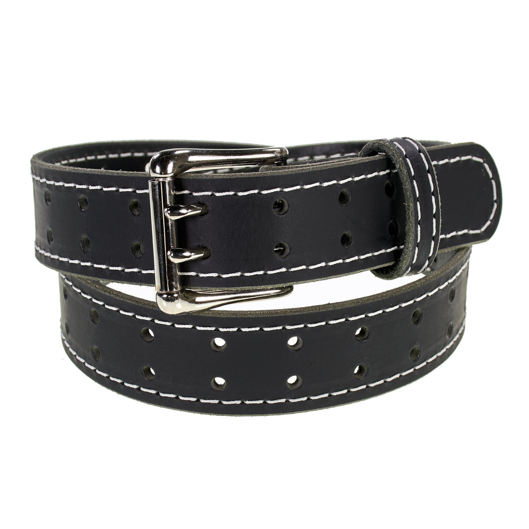 Double Prong Retro Style Leather Belt - 1.5" Nickel Buckle
