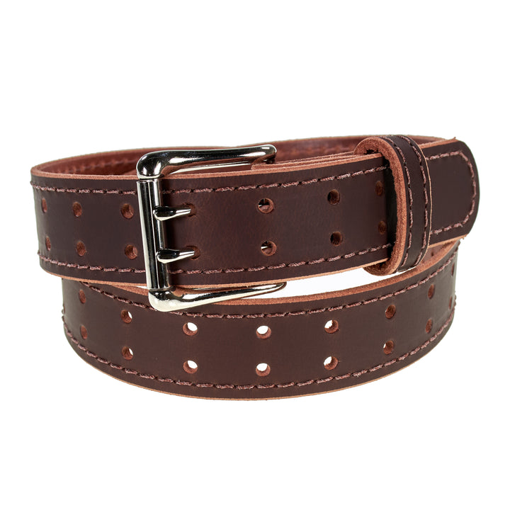 Double Prong Retro Style Leather Belt - 1.5" Nickel Buckle
