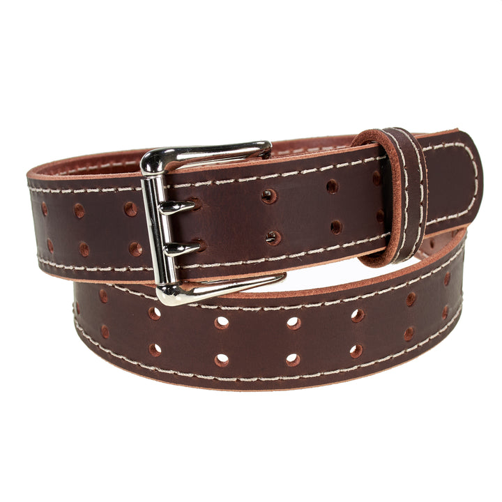 Double Prong Retro Style Leather Belt - 1.5" Nickel Buckle