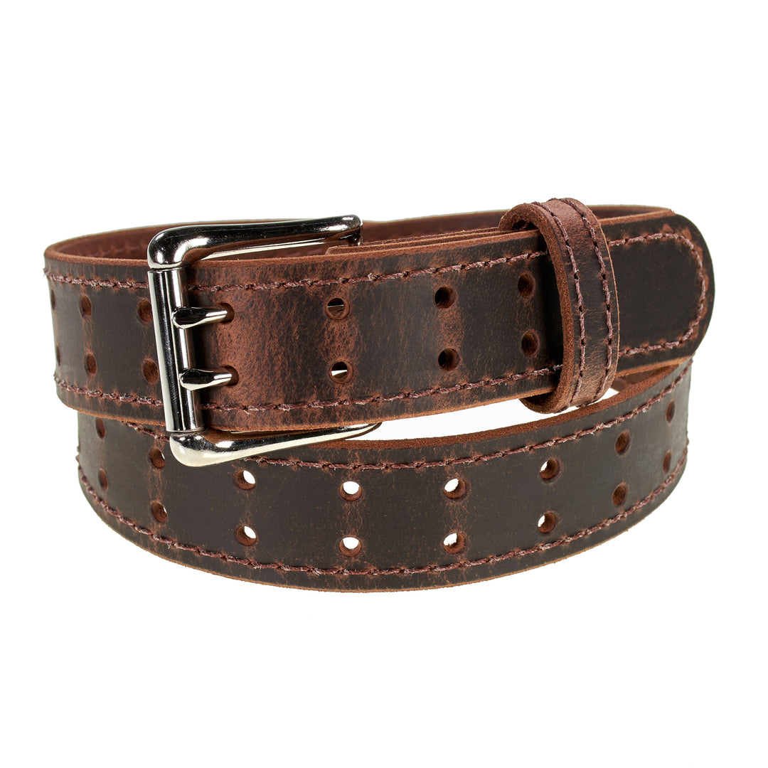 Double Prong Retro Style Leather Belt - 1.5" Nickel Buckle