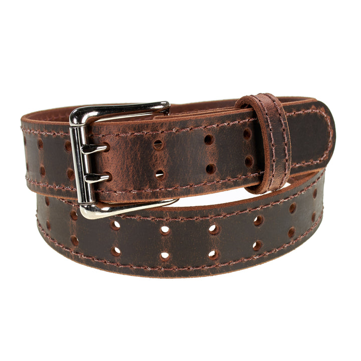 Double Prong Retro Style Leather Belt - 1.5" Nickel Buckle