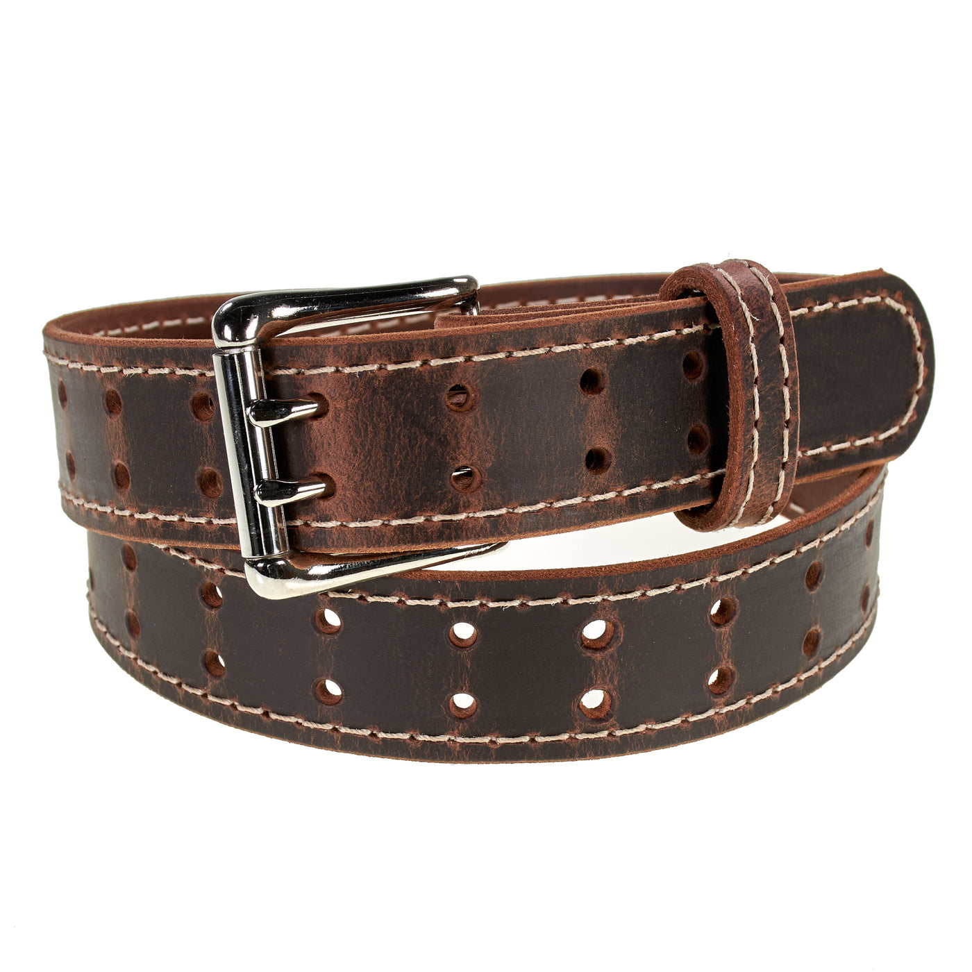 Double Prong Retro Style Leather Belt - 1.5" Nickel Buckle