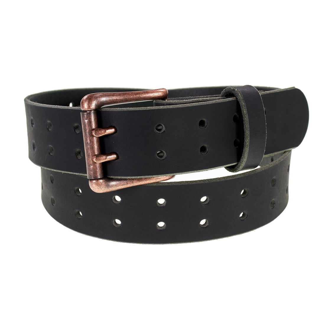 Double Prong Retro Style Leather Belt - 1.5" Antique Copper Buckle