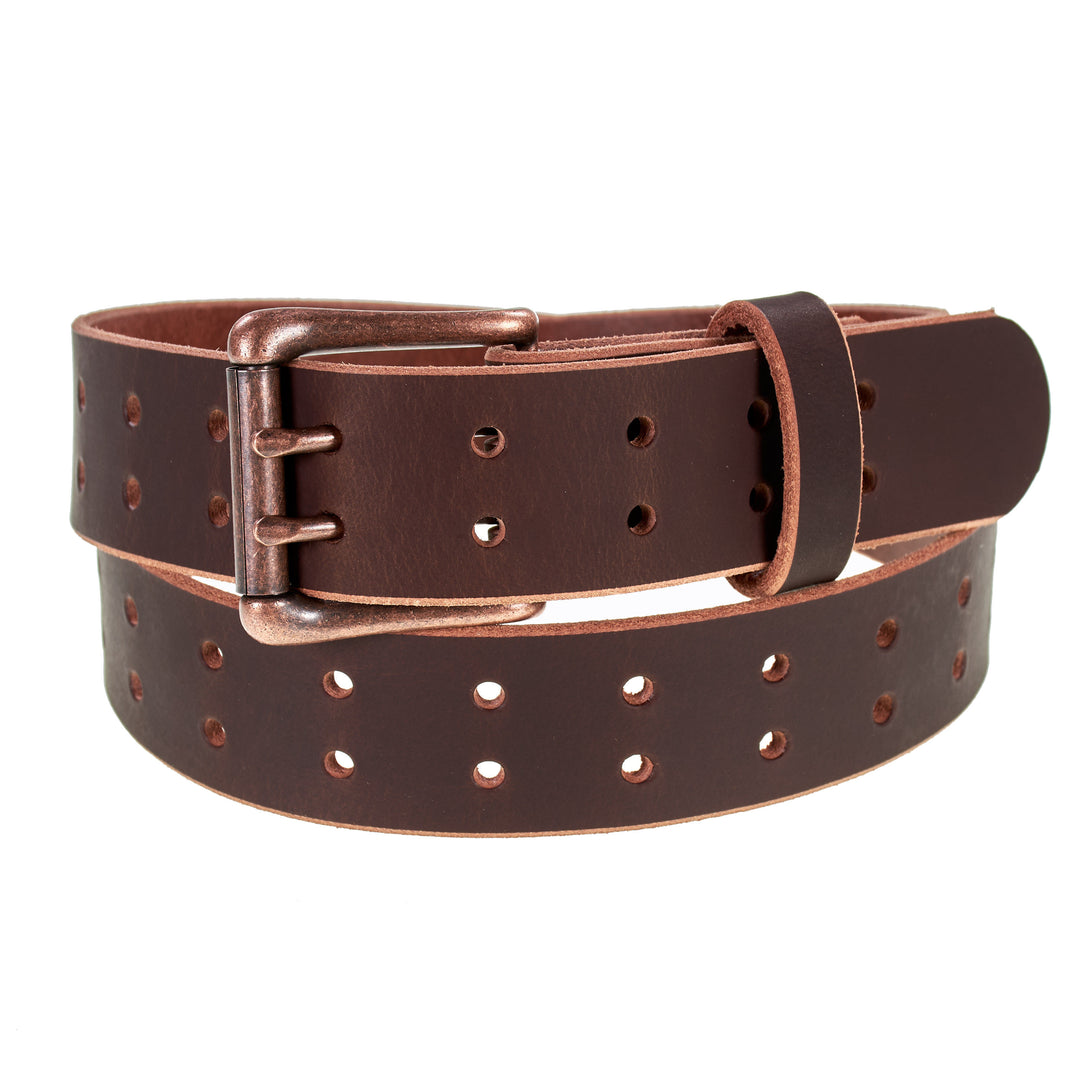 Double Prong Retro Style Leather Belt - 1.5" Antique Copper Buckle