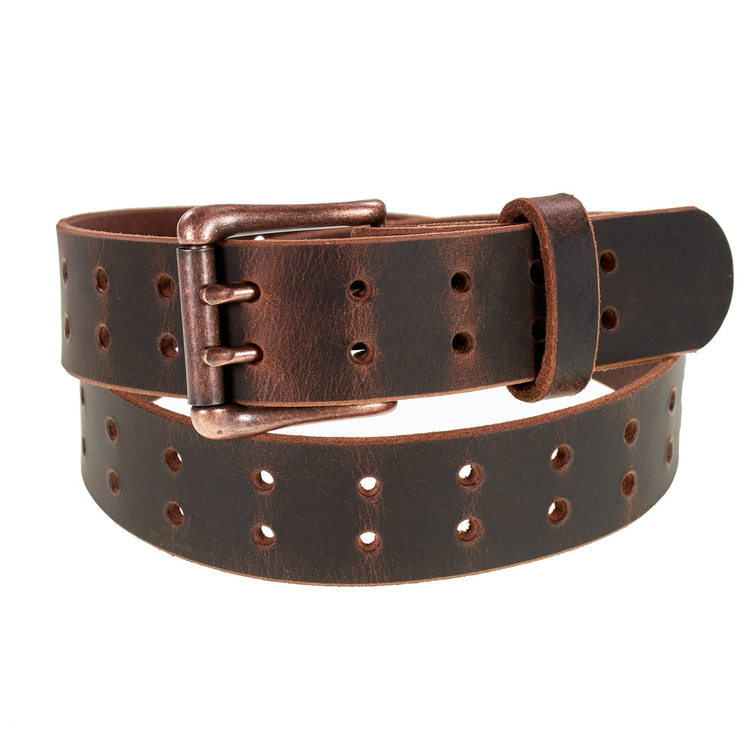 Double Prong Retro Style Leather Belt - 1.5" Antique Copper Buckle